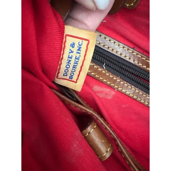 Vintage Dooney & Bourke Red Pebbled Leather Satchel Bag Tan Trim Duck Logo Large - Image 13