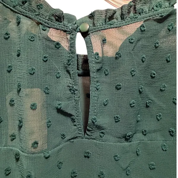 Monteau Los Angeles‎ Swiss Dot Peplum Top Green Ruffle Neck Long Sleeve Small - Image 6