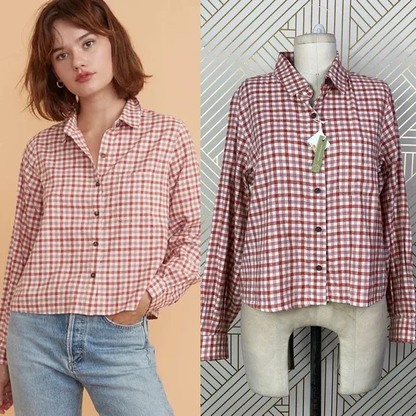 Marine Layer Madeline Relaxed Crop Shirt in Red & White‎ Plaid Size US Medium - Image 2