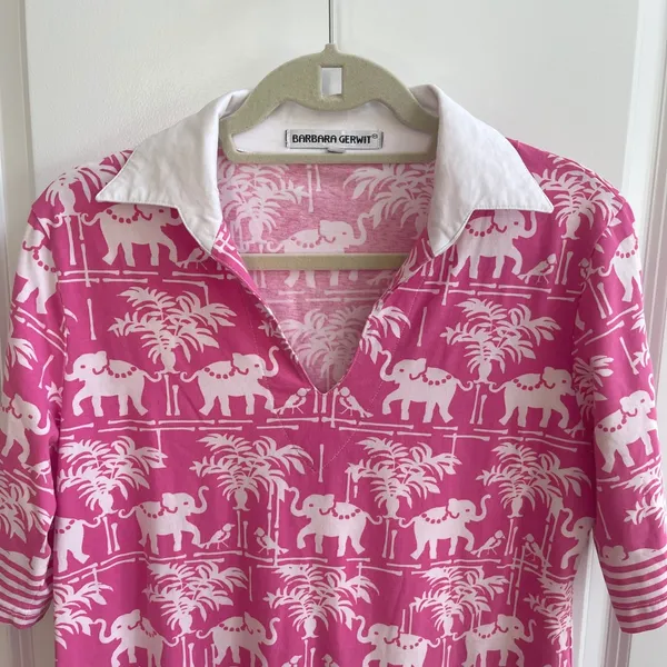 Barbara Gerwit Elephant Palm Tree Tunic Dress Womens M Pink Preppy Resort Knit - Image 4