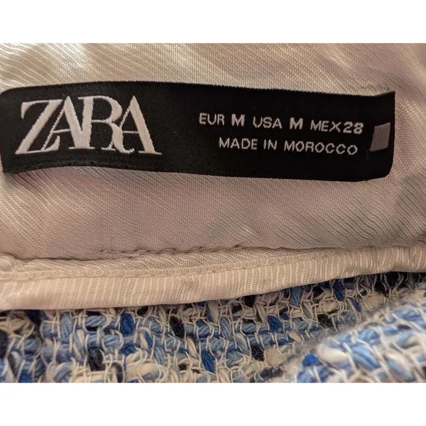 Zara‎ Blue White Tweed Pinafore Dress Ruffle Hem Mini Jumper Womens Medium M - Image 4