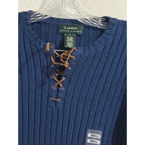 Vintage Lauren Ralph Lauren Womens Rib Knit Sweater Leather tie S New - Image 2