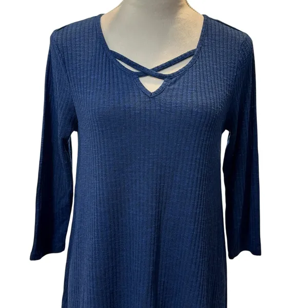 New Direction Women's Dark Blue Ribbed Long Sleeve Tunic Sweater S - Image 2