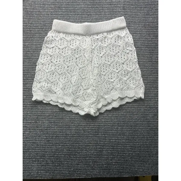 Women's Crochet 2 PC Beach Swim Coverup Set Short Sleeve & Shorts Sexy White XS - Image 5