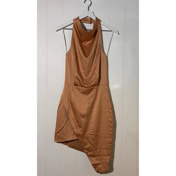 Elliatt Camo Champagne Satin Mockneck Draped Dress Tulip Hem New with Flaw - Image 4