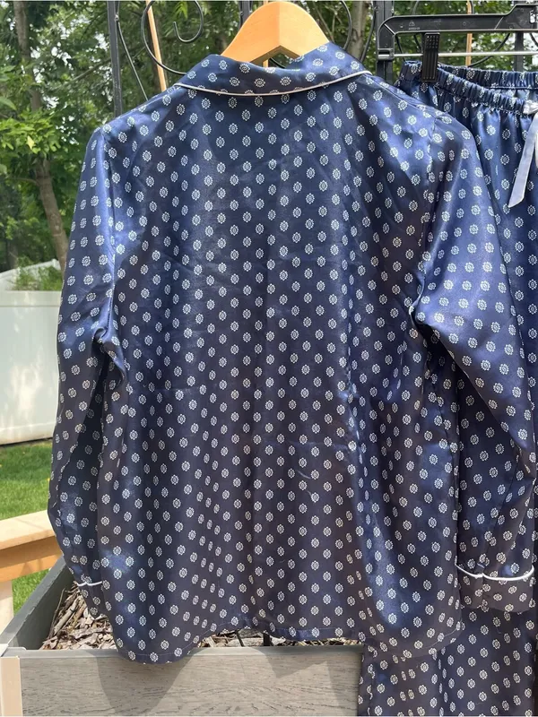 In Bloom by Jonquil Navy Satin Long Sleeve & Pants Pajama Set Size S Loungewear - Image 5