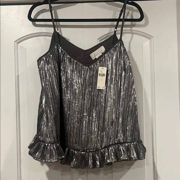 Anthropologie Metallic Silver‎ Ruffle Cami size 6 - Image 2