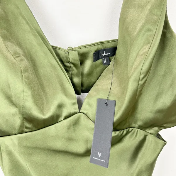 Lulus Unmatched Elegance Olive Satin Sleeveless Midi Dress Cocktail Party L NWT - Image 7