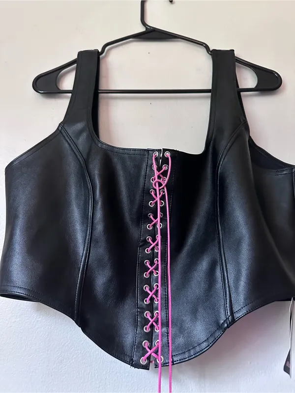 Blackmilk Black Faux Leather Corset Crop Top with Pink Lace-Up - Image 7