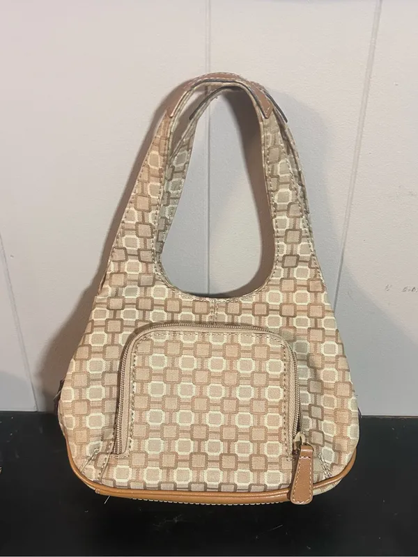 Nine West Beige Jacquard Mini Hobo Shoulder Bag Tan Zip Organizer Purse - Image 5