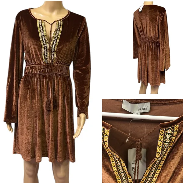 Luukse Brown Boho Velour Embroidered Tie Neck Tassel Mini Midi Dress Medium - Image 3