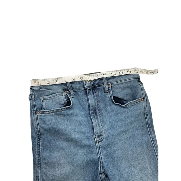 Free People We The Free Straight Leg Jeans Medium Wash Raw Hem Side Slit Size 30 - Image 4