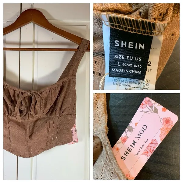 Coquette Babydoll Retro Eyelet‎ Crop Top Large Brown Sexy Keyhole Tie Fun Shein - Image 2