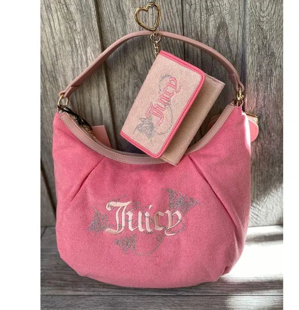 Juicy Couture Pink Terry Hobo Bag Set | Rhinestone Butterfly Logo - Image 3