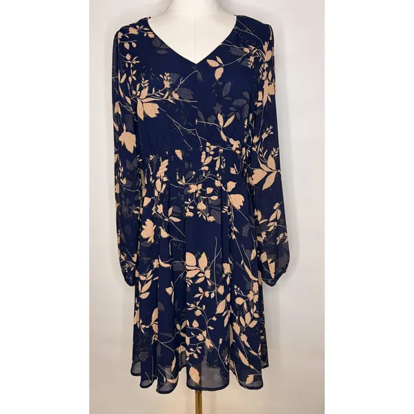 Simplee‎ NWT Navy Blush Floral Chiffon Dress Size Large Long Sleeve Boho - Image 2