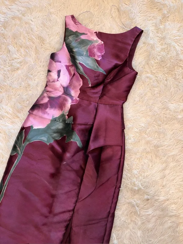 NEW NEW, Kay Unger Luciana Placed Floral Column Sleeveless Gown Mulberry Sz 0 - Image 5