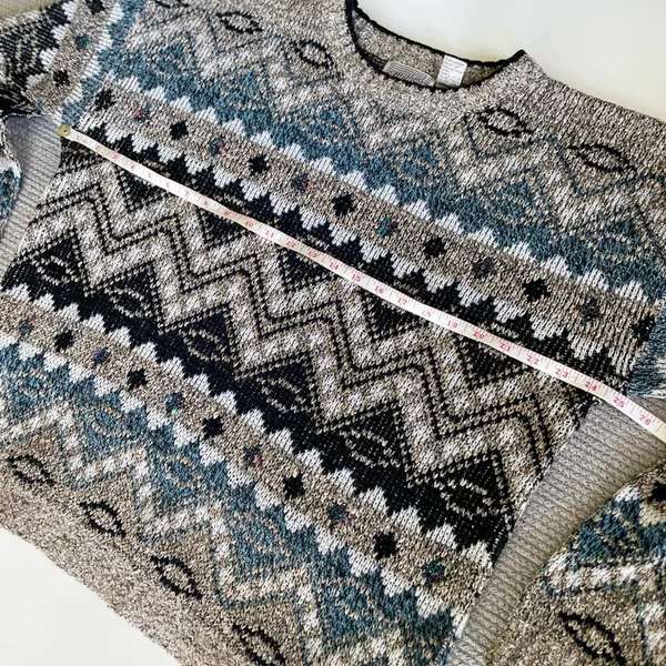 Vintage Method Blue Black Tan Fair Isle Eclectic Grandpa Crewneck Sweater Sz M - Image 6