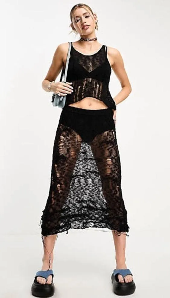 COLLUSION laddered open hole knit tank top in black - Image 3