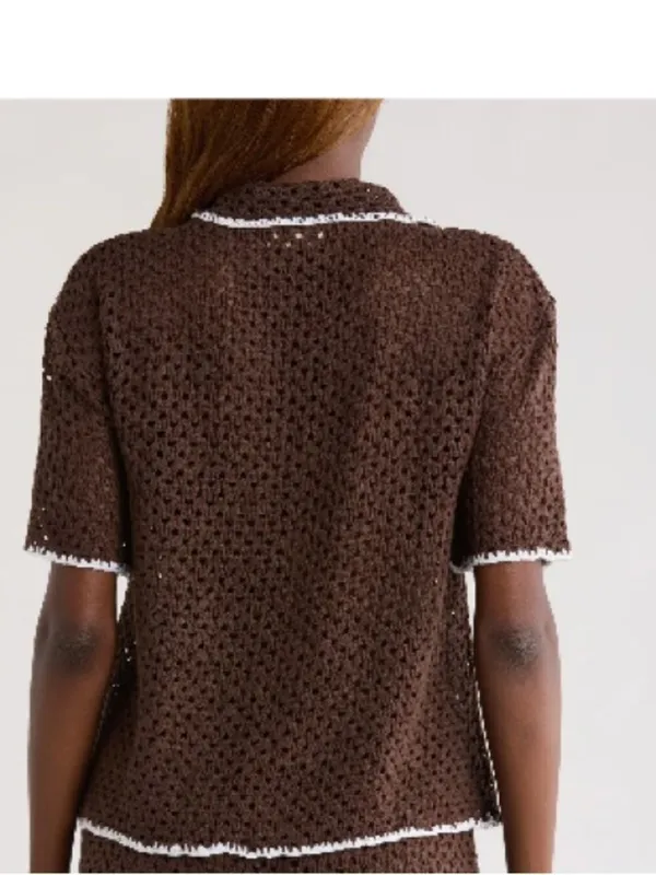 Elan Crochet Button-Up Cover-Up TOP, Brown/White, Size Medium, NWT - Image 2