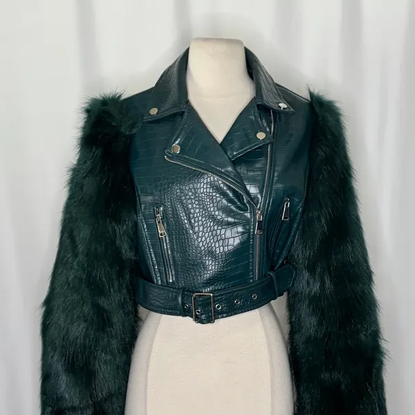 AZALEA WANG Nolla Faux Fur Arms Croc Moto Jacket Jade Green Vegan Leather Medium - Image 3