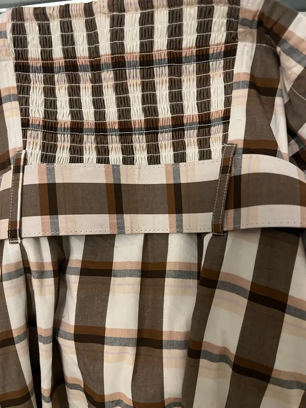 Maeve Strapless Gingham Midi Dress with Belt in Brown and White - Image 6