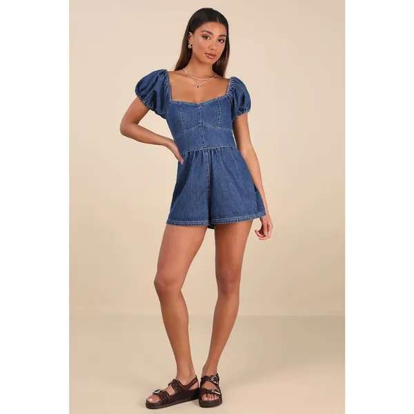 NWT Lulus Feylith Medium Wash Denim Romper Blue Lace Up Back Party Date Size M - Image 6