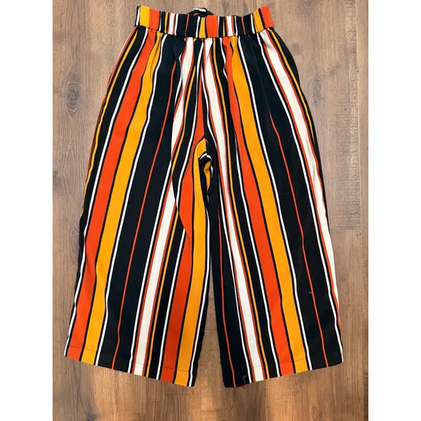 Zara Trafaluc Striped Wide Leg Culotte Pants Orange Black Yellow Size Medium - Image 6