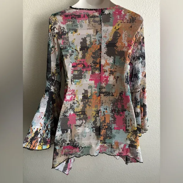 Dor Dor Couture Multicolor Abstract Sheer Mesh Hankerchief Hem Long Bell SleeveM - Image 3