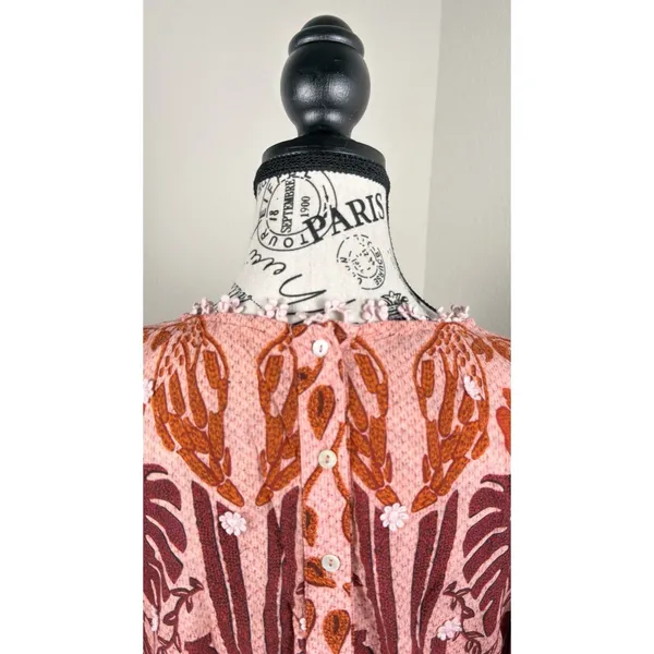 Farm Rio Women's Blouse Orange Pink Size L Puff Sleeve Boho Floral Peasant Top - Image 4