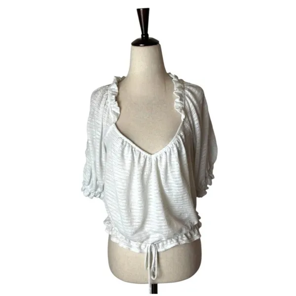 Free People Shirt Women Medium‎ White Dorothy Puff Sleeve Cropped Top Boho - Image 2