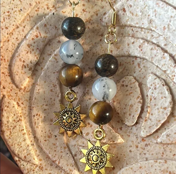 Handmade Bronzite + Chrysoprase + Tigers Eye Sun Charm Earrings - Image 4