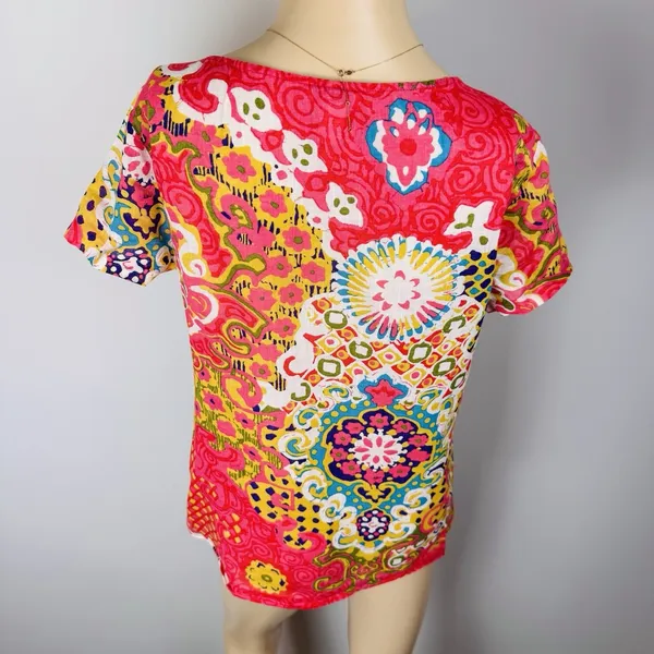 J. Crew Boho Printed Blouse Size 6 Multicolor Cotton Ramie Pleated‎ Keyhole Neck - Image 4