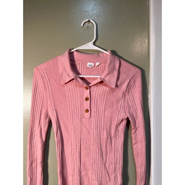 Gap Womens Size Small Ribbed Polo T-Shirt Henley Pink Heather Long Sleeve Ribbed - Image 5