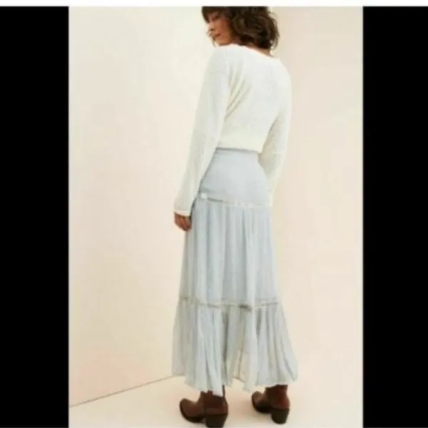 Free People Women's baby blue beaded Ella Ruched Tiered Peasant Maxi Skirt - Image 3