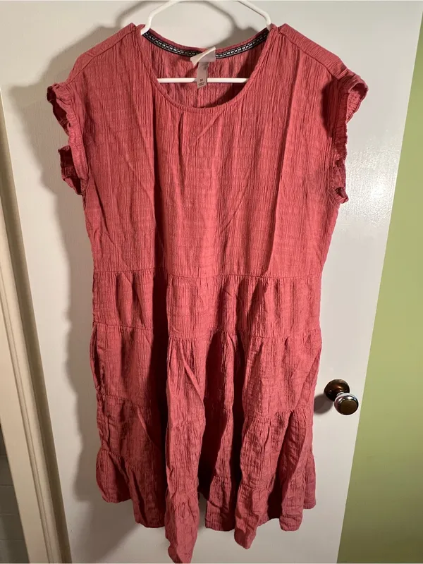 Knox Rose Women’s Sz Medium Mini Dress Pink Gauzy Flutter Sleeve Crewneck Tiered - Image 2