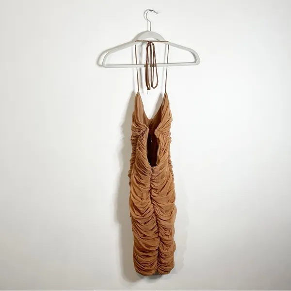 House of CB Tiarra Ruched Mesh Bodycon Dress Nude Tan XL - Image 6