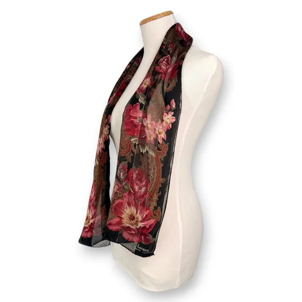 VINTAGE Ralph Lauren Silk Sheer Black w/ Red Floral & Gold Thread 54 X 11" Scarf - Image 2