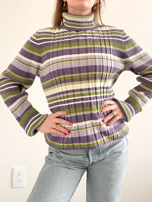 Vintage Jones New York Striped Turtleneck Rib Knit Sweater - Purple & Green - Image 2