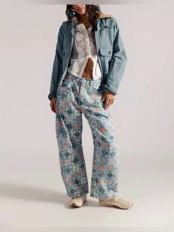 NWOT Free People We The Free Good Luck Printed Barrel Jeans - Jade Combo - 26 - Image 4