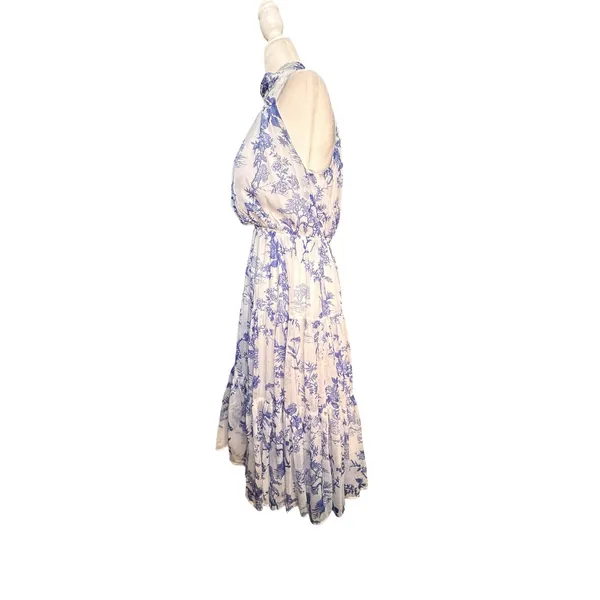 Lulus Float To‎ You White Blue Floral Halter Tiered Midi Dress Small Romantic - Image 6
