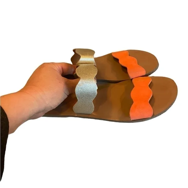 J.Crew Scalloped gold Metallic orange Leather Sandals slides Resortwear Vacation - Image 5