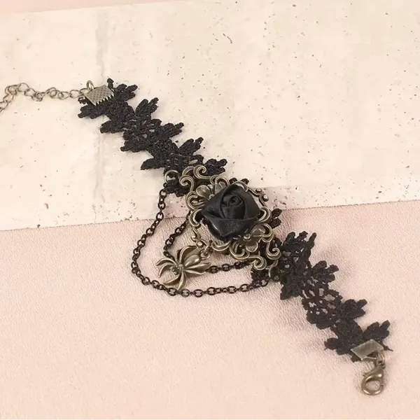 1pc‎ Retro Style Gothic Black Rose Lace Tassel Bracelet Spider Rose Bracelet - Image 11