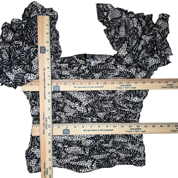 ZARA Blouse Small Tiger Animal‎ Print Ruffle Square Neck Ruched Statement RARE - Image 8