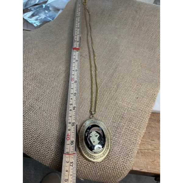 Vintage Art Deco Gold-Tone Oval Locket Necklace With Painted Lady Portrait - Image 12