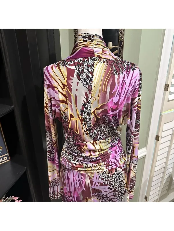 Ashro Tropical Purple and Burgundy Bodycon Dress Size Small - Image 6