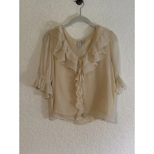 Joie Blouse Cream S Womens Ruffle V-Neck Sheer Chiffon Romantic Flowy Ivory - Image 9