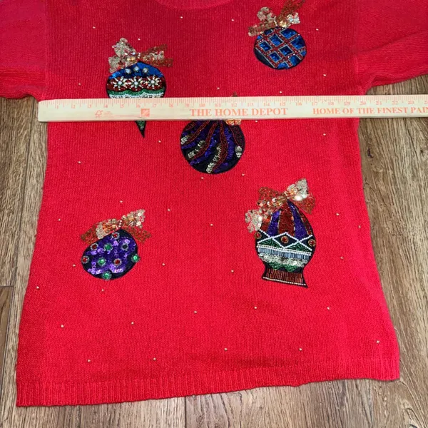 90s EMT Red Silk Angora Wool Beaded Christmas Ornament Sweater Womens M sequins - Image 8