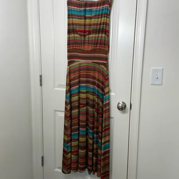 NWOT Veronica‎ M women's brown multicolor maxi strapless stretchy dress small - Image 3