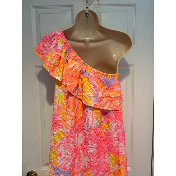 Lilly Pulitzer One Shoulder Ruffle‎ Dress Pink Neon Tropical Shift Small Coastal - Image 6