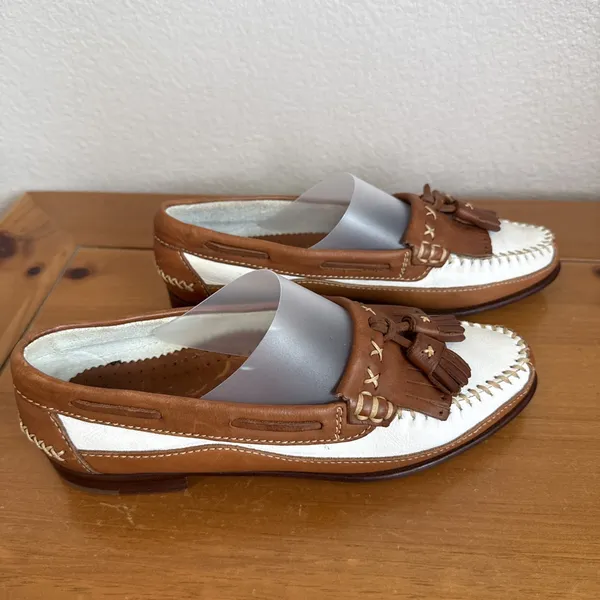 Cole Haan Country Loafers Brown/White Leather Tassel Kiltie Moc Toe Shoes Sz 7.5 - Image 3